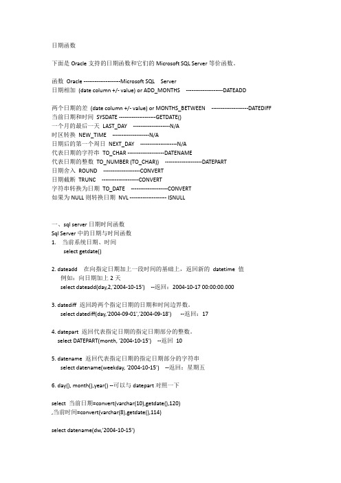 oracle与sqlserver日期函数对比