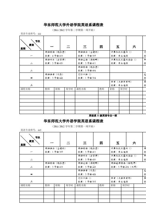 20112012学年第二学期英语系本科生课表(201