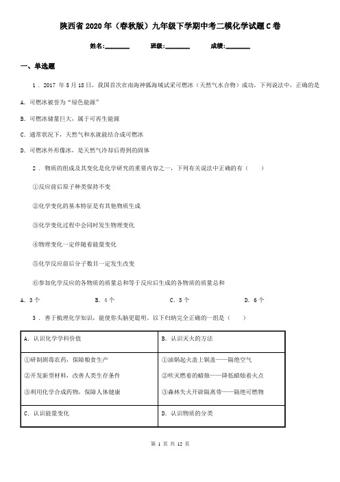陕西省2020年(春秋版)九年级下学期中考二模化学试题C卷(模拟)