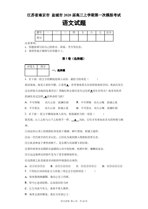 江苏省南京市 盐城市2019-2020学年高三上学期第一次模拟考试语文试题及答案解析