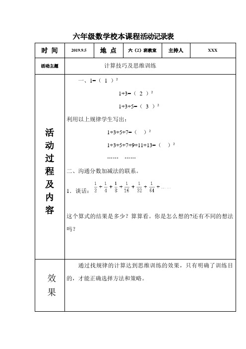 XXX六年级数学校本课程活动记录表