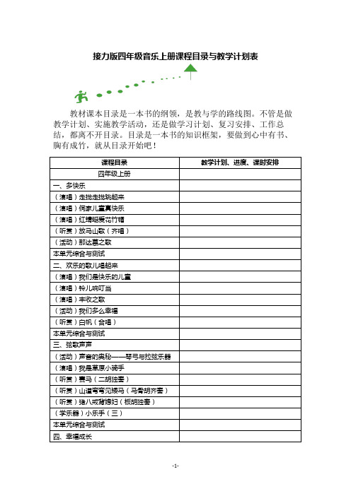 接力版四年级音乐上册课程目录与教学计划表