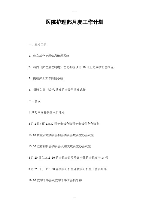 医院护理部月度工作计划精选