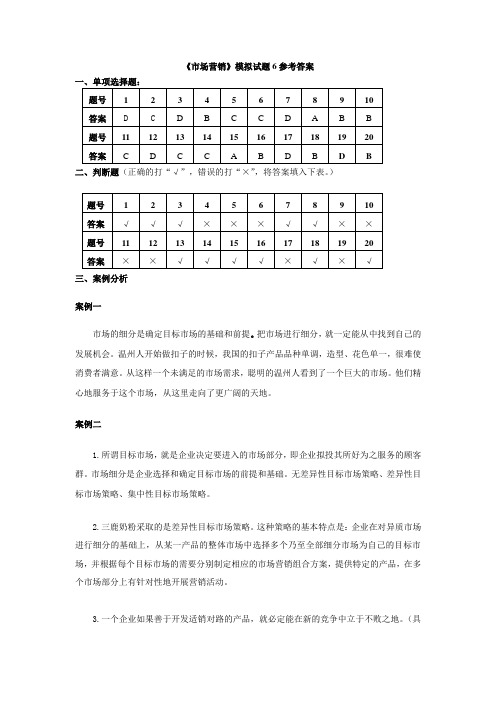 市场营销模拟试题6参考答案