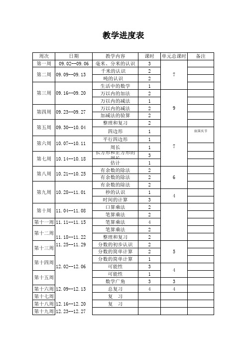 三年级上数学教学进度表