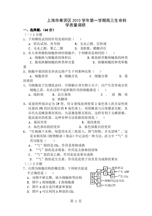 奉贤区2019学年度高三年级第一次质量调研生命科学学科试卷(含答案)-20页精选文档