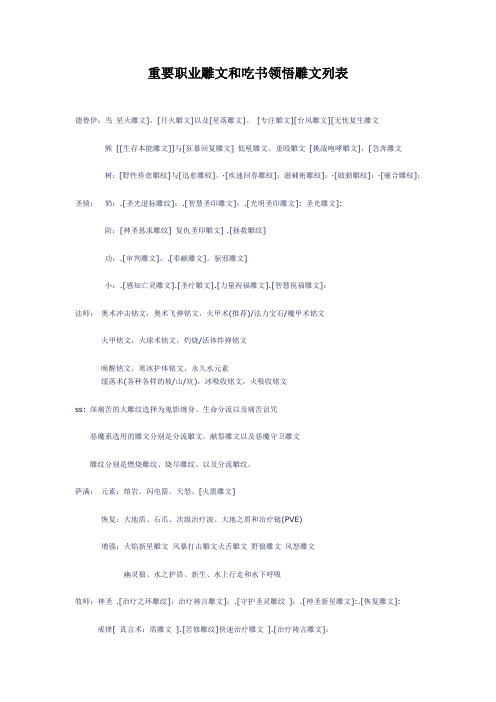 常用职业雕文和吃书可领悟雕文列表