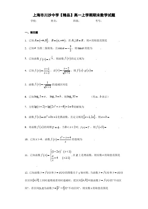 高中上海市川沙中学高一上学期期末数学试题