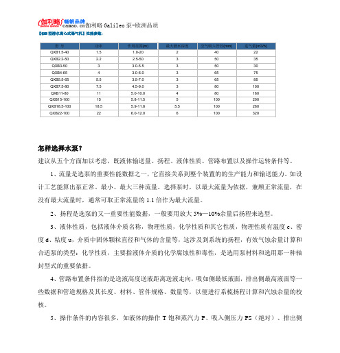 QXB型潜水离心式曝气机性能参数