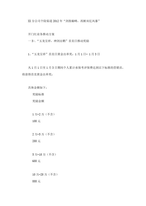 个险渠道2012年开门红业务推动方案首卖日推动奖励首卖周推动奖励