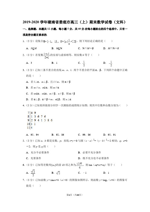 2019-2020学年湖南省娄底市高三(上)期末数学试卷(文科)及答案
