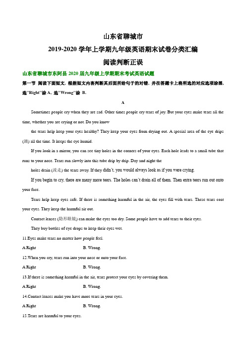 山东省聊城市2019-2020学年上学期九年级英语期末试卷分类汇编：阅读判断正误