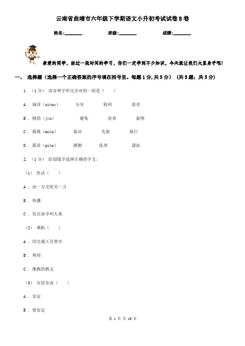 云南省曲靖市六年级下学期语文小升初考试试卷B卷