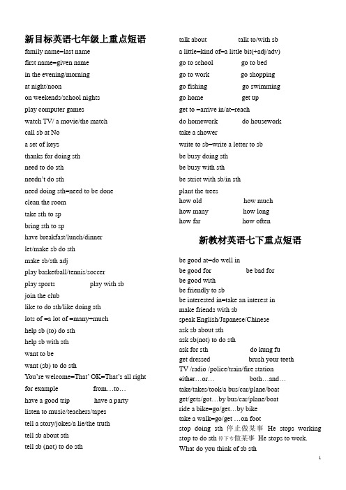 新版新目标七年级英语上下册重点短语