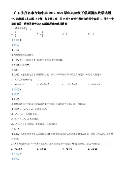 广东省茂名市行知中学2019-2020学年九年级下学期摸底数学试题(含答案及解析)