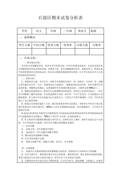 二年级语文期末试卷分析表