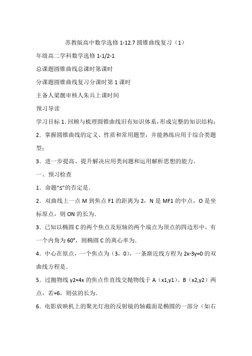 苏教版高中数学选修1-12.7圆锥曲线复习(1)