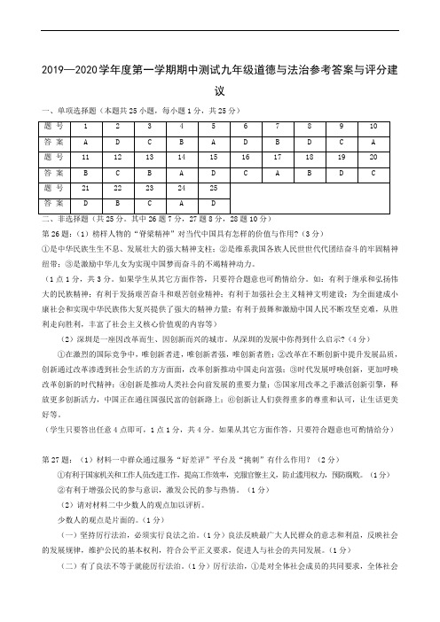 2019-2020学年第一学期九年级政治期中测试(答案)