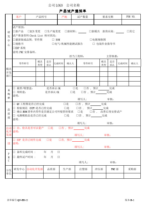 模板(产品试产通知单)