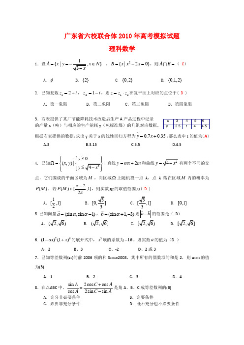 广东省六校联合体2010年高三数学高考模拟试题 理 新人教版