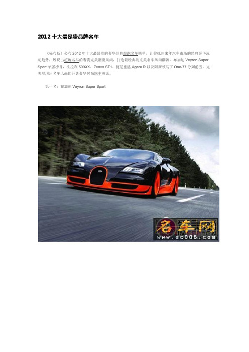 2012十大最昂贵品牌名车