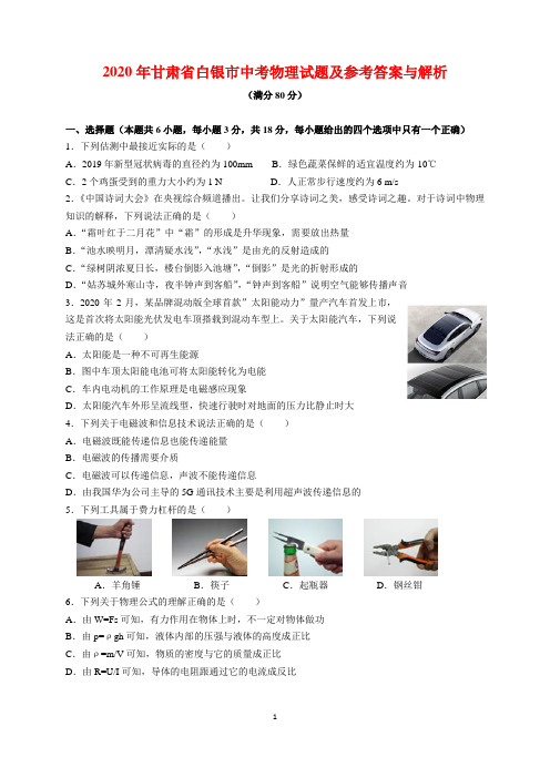 2020年甘肃省白银市中考物理试题及参考答案(word解析版)