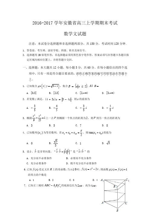 2016-2017学年安徽省高三上学期期末考试数学文试题Word版(解析版)