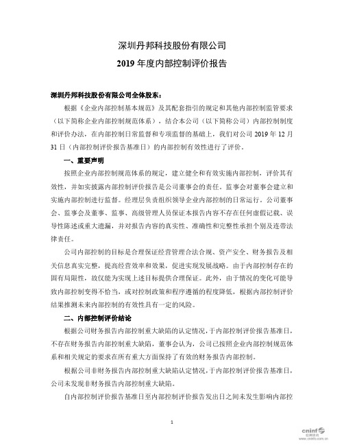 丹邦科技：2019年度内部控制评价报告
