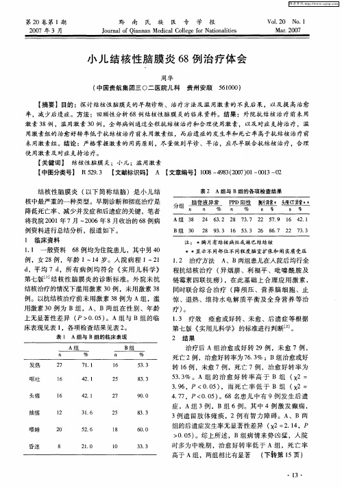 小儿结核性脑膜炎68例治疗体会
