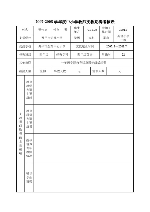 2007年度中小学教师支教期满考核表