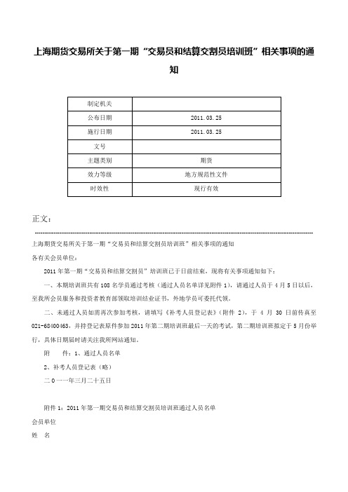 上海期货交易所关于第一期“交易员和结算交割员培训班”相关事项的通知-