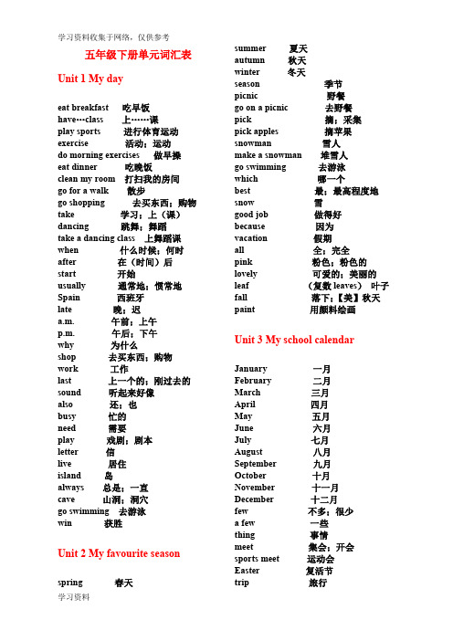 PEP新版小学五年级下册单词表