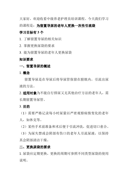 为留置导尿的老年人更换一次性引流袋