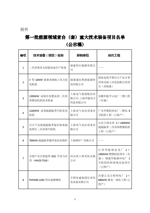 第一批能源领域首台(套)重大技术装备项目名单(公示稿)