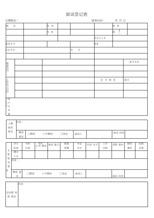 应聘人员面试信息登记表