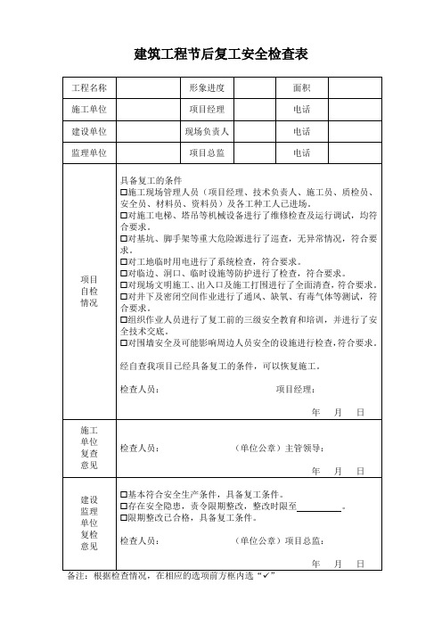 建筑工程节后复工安全检查表