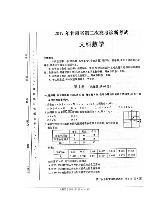 甘肃高三第二次诊断考试文科数学试题 ( 扫描版本 )及例题解析