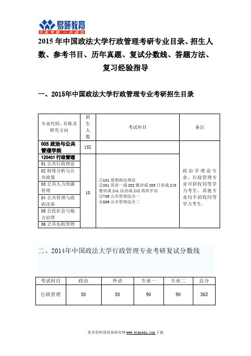2015中国政法大学行政管理考研专业目录招生人数参考书目历年真题复试分数线答题方法