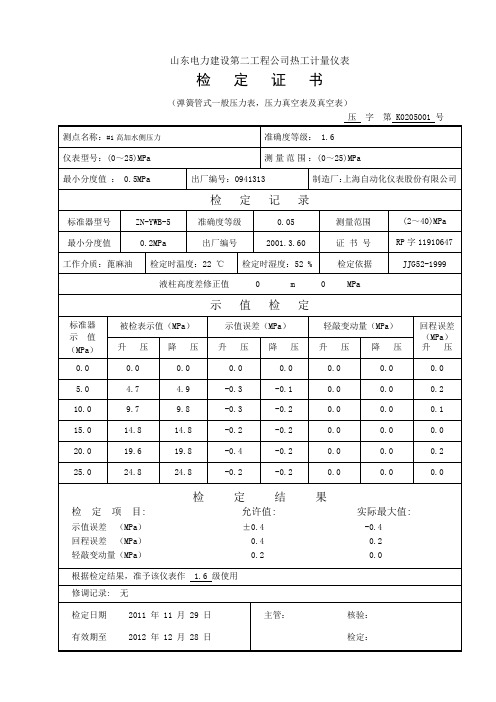 压力容器用压力表证书