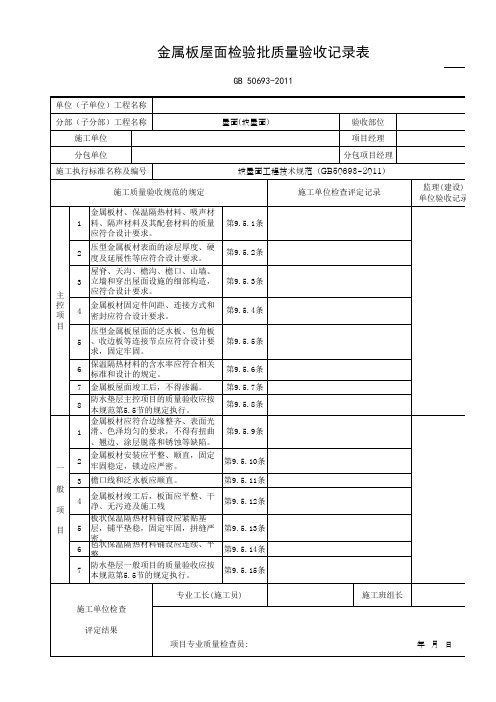 金属板屋面检验批质量验收记录表