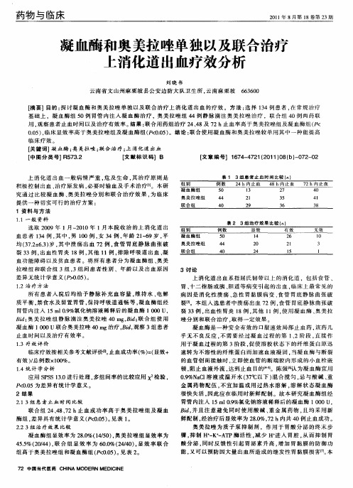 凝血酶和奥美拉唑单独以及联合治疗上消化道出血疗效分析