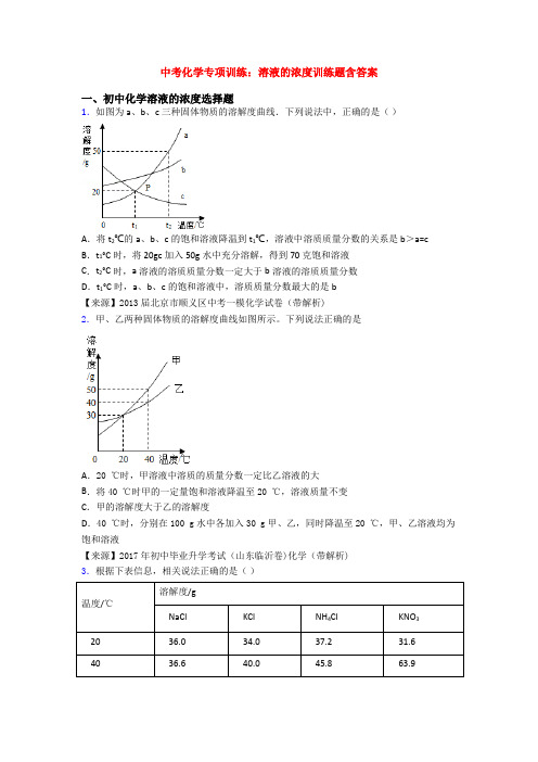 中考化学专项训练：溶液的浓度训练题含答案