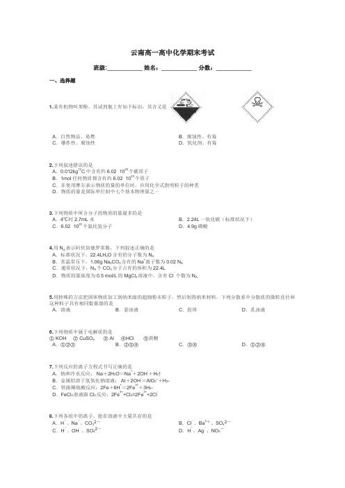 云南高一高中化学期末考试带答案解析
