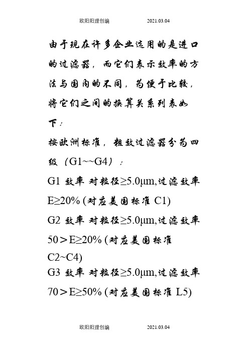 过滤器分级标准之欧阳理创编