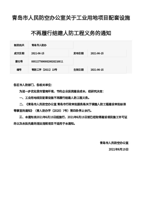 青岛市人民防空办公室《关于工业用地项目配套设施不再履行结建人防工程义务的通知》和解读