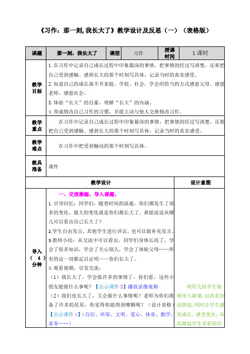 小学语文《习作：那一刻,我长大了》教学设计及反思 共二篇 (表格版+word版)