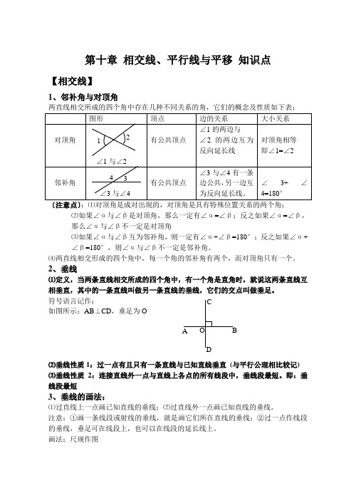 第十章《相交线、平行线与平移》知识点