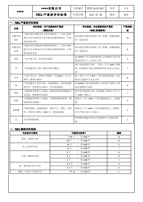 严重度、发生频次评价标准16949