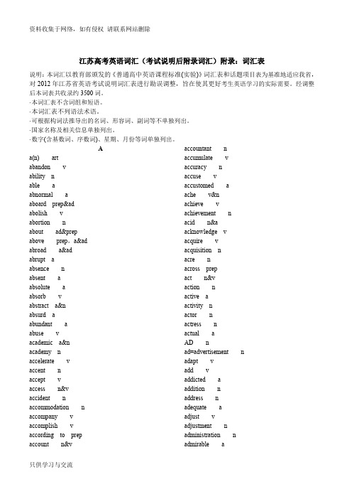 2017江苏高考英语词汇+新增词汇(考试说明后附录词汇)