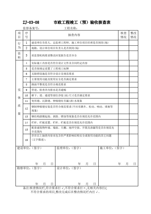 ZJ-03-08市政工程竣工(预)验收核查表